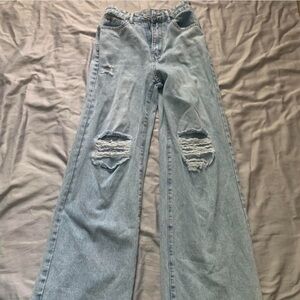 Women's Light Blue Distressed Wide Leg Jeans